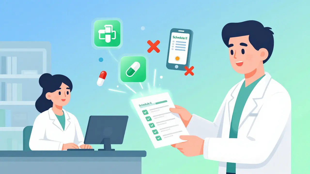 Pasient leverer sjekkliste mens ny resept sendes elektronisk, Schedule II blokkert.