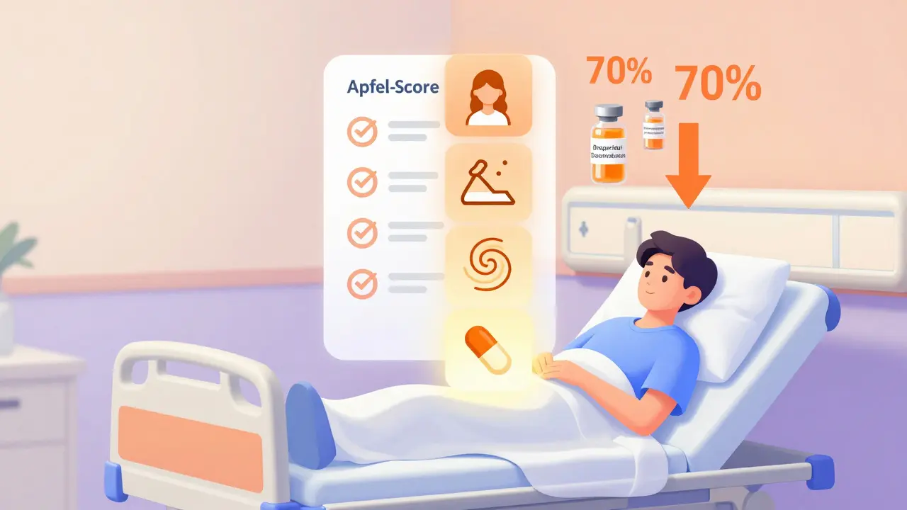 Pasient med Apfel-risikofaktorer og to medisiner som reduserer kvalme med 70 %.