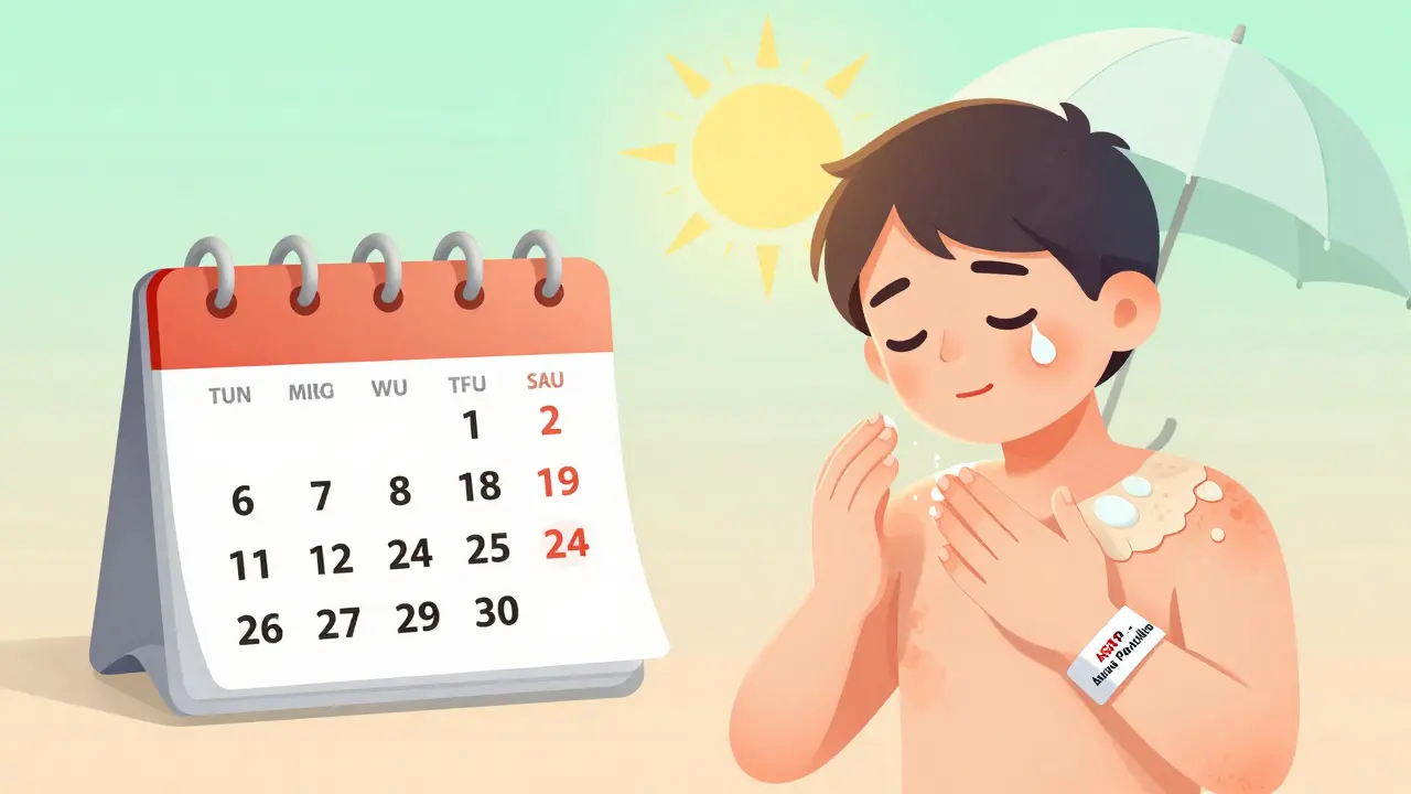 Pasient smører krem på skallende hud mens de bærer medisinsk varselarmbånd.