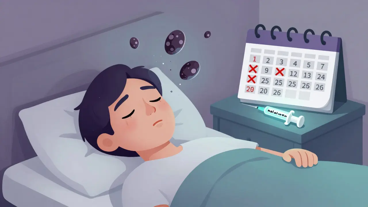 Person i fentanyl-avhengighetsavbrudd med naloxon på nattbordet, tegn på svak pust.