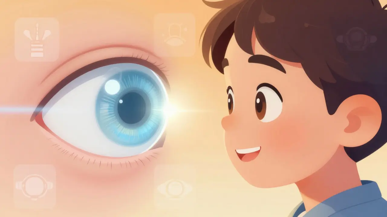 Person med sklerallinse ser tydelig på barnet sitt, med en fuktig vannfylt kasse mellom linse og øye.