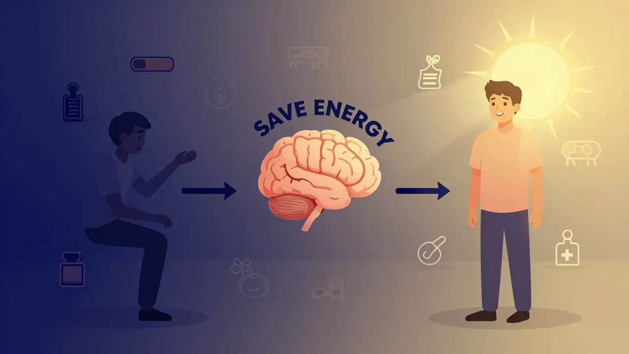 Tidslinje fra sykdom til gjenoppretting med økende hormonnivåer og sollys i gradientstil.