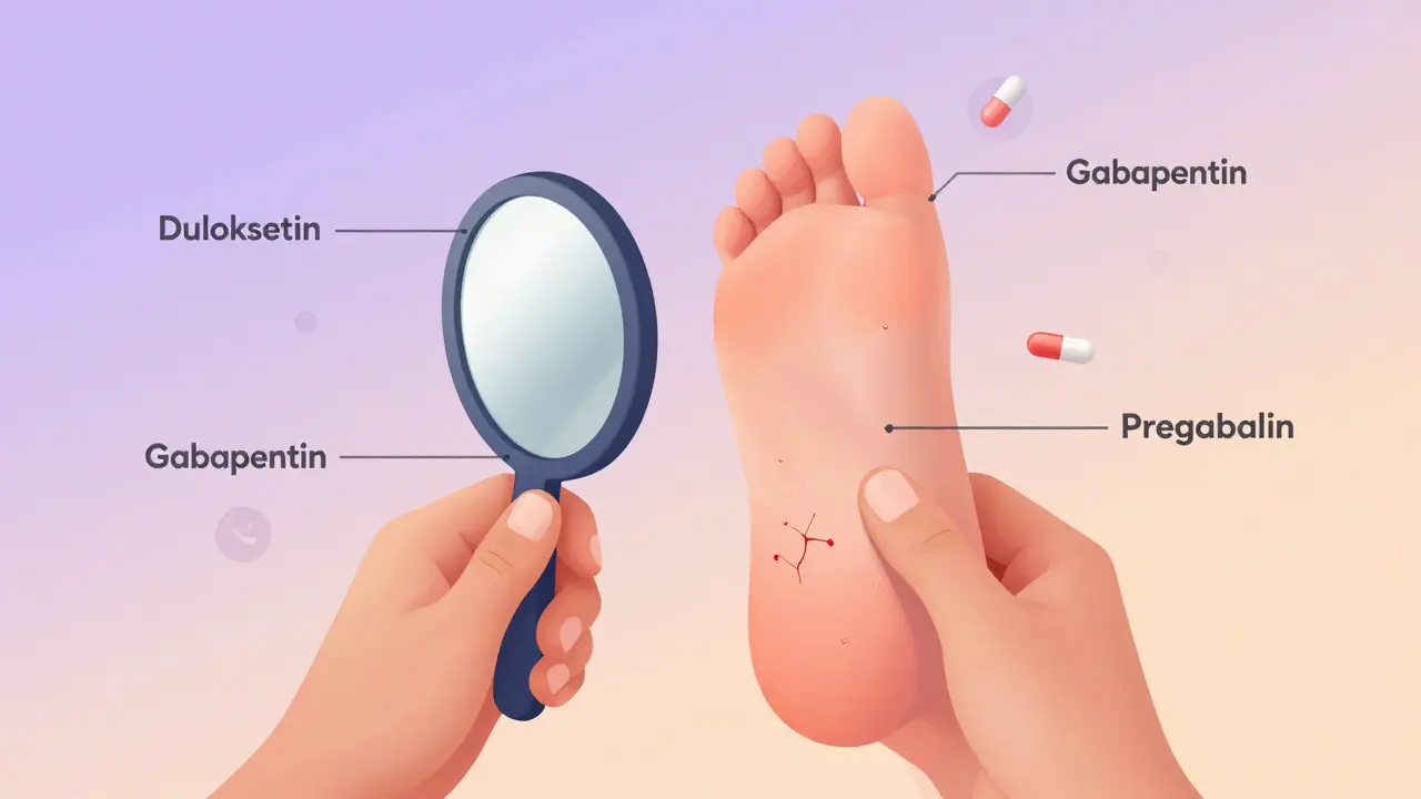 To hender ser på føttene med et speil, med legemidler og helseikoner i bakgrunnen.