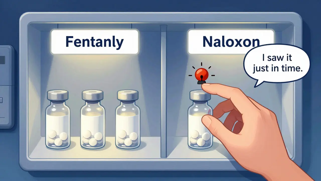 To lignende legemidler, fentanyl og naloxon, ligger i naboskuffer i et dispenseringsskap, med en hånd som nærmer seg det feile legemidlet.