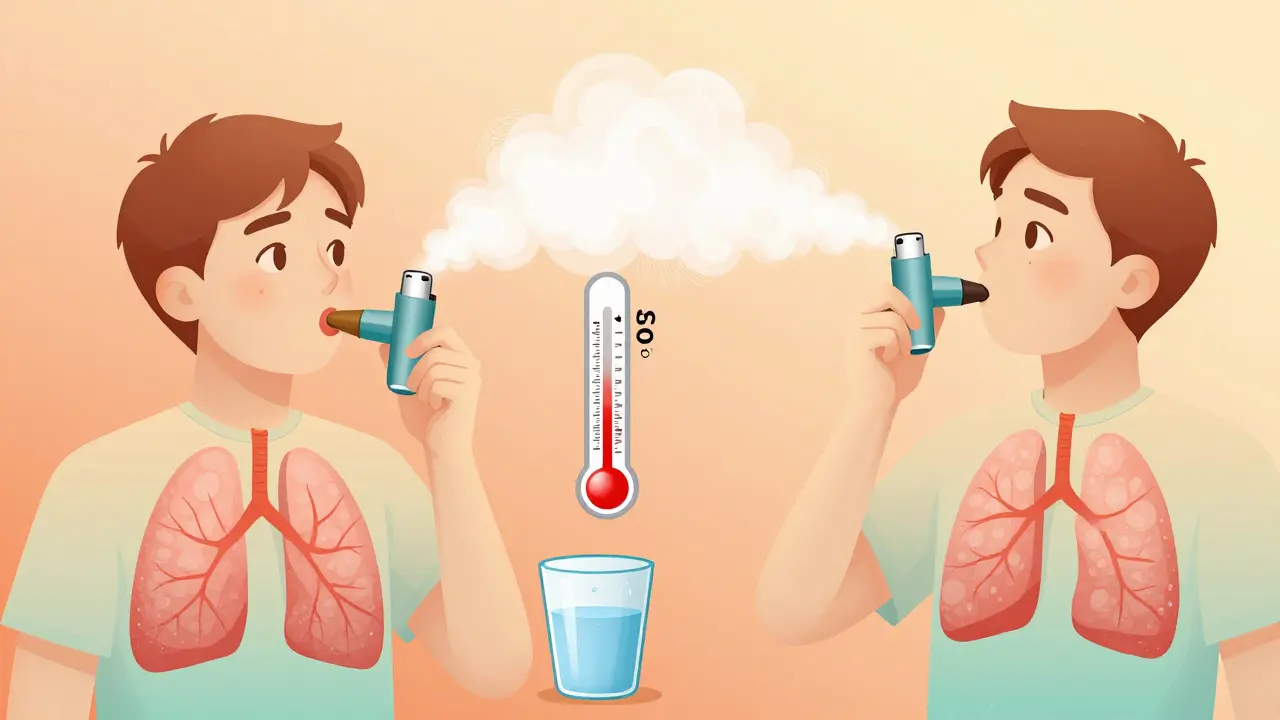 Tørkpulver-inhalator med feil bruk — pulver forsvinner i luften — og riktig bruk med munnskyling.