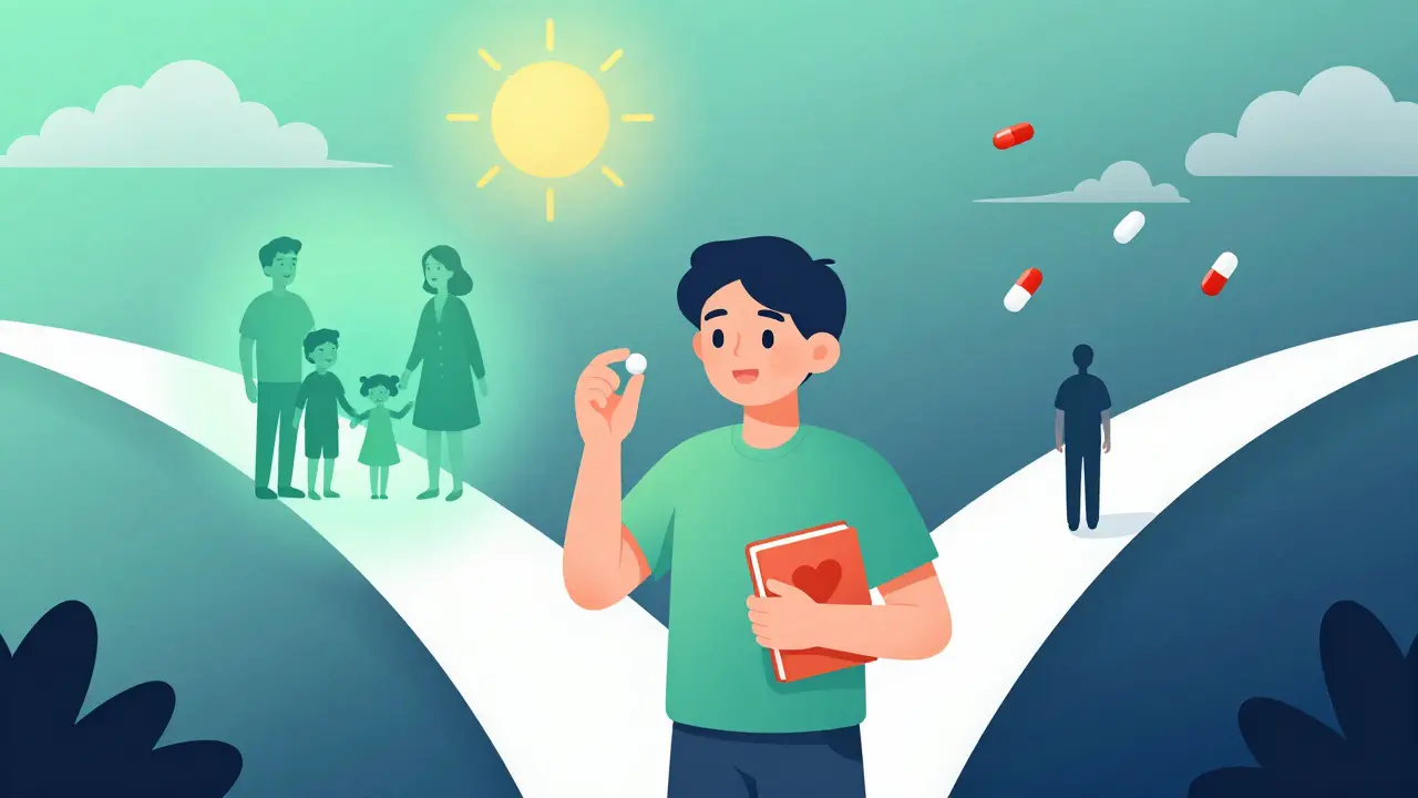 Ungdom står ved veiskille, en hånd holder en pille, den andre et hjertejournal.