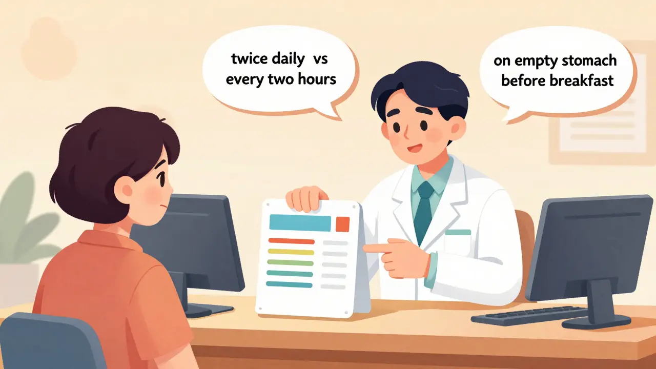 Apotekar forklarer resepten til en pasient med visuelle forklaringer på etiketten.