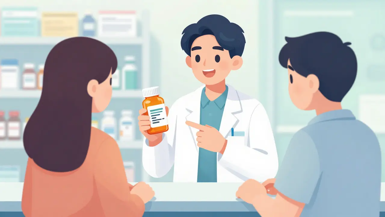 Apotekar viser pasienten legemiddelmerke med symboler.