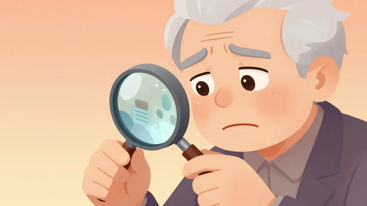 Eldre person bruker forstørrelsesglass på liten merke.