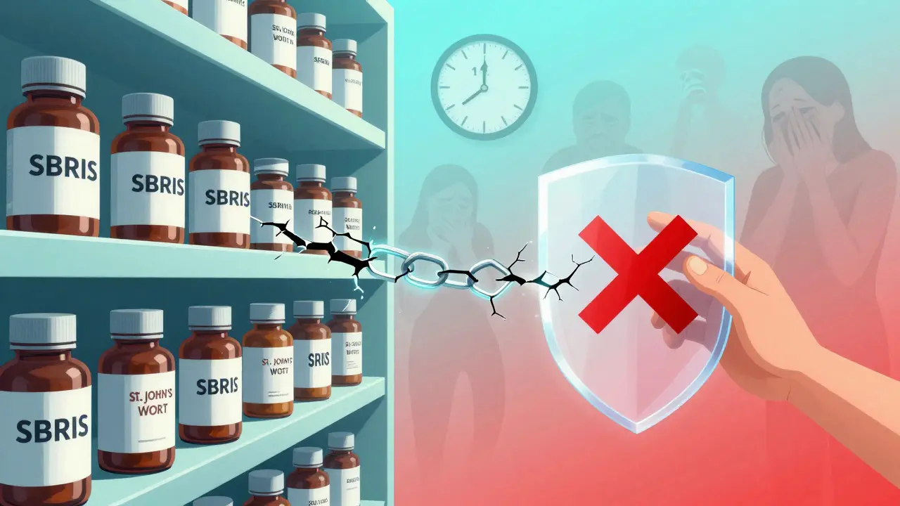En apotekhylle med St. John's Wort og SSRIs, blokkert av et rødt X-skjold og en klokke som viser 14 dager.