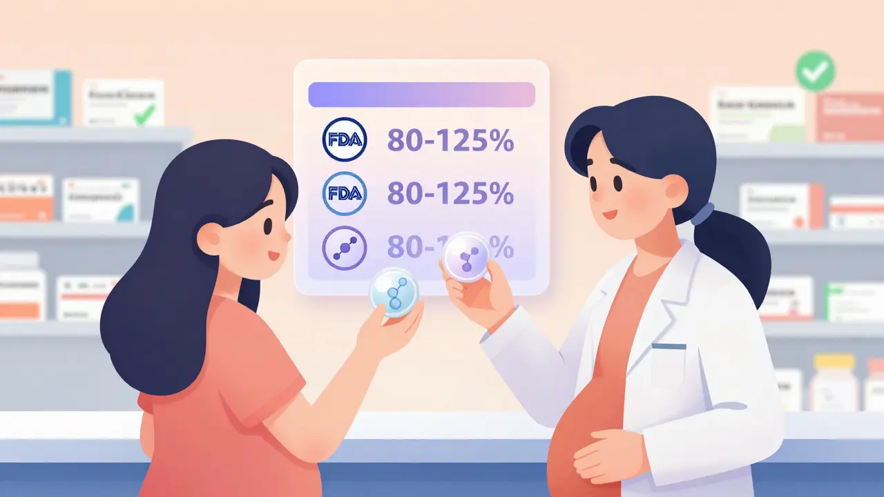 En farmasøyt forklarer for en gravide kvinne at generiske legemidler er like sikre som merkede.