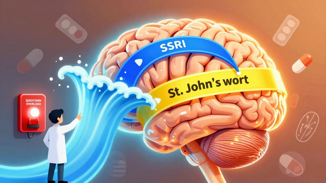 En hjernesyn med to overlappende veier som øker serotin, med en alarm som viser overlast.