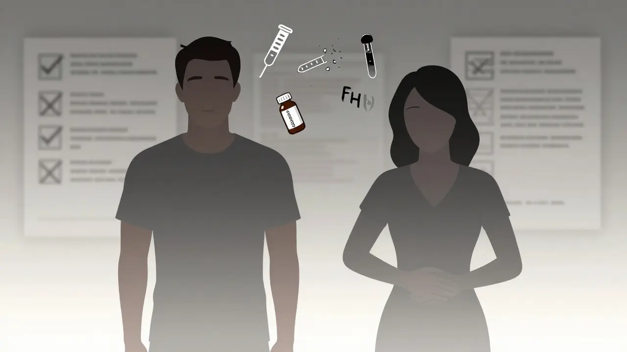 En mann og kvinne med fargeløse kropper mens hormonene deres dør, holdende en opioidpille.