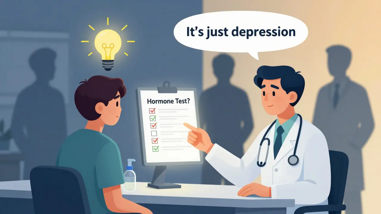 En pasient som strekker seg mot en hormonprøve-checkliste, mens legene vender ryggen.