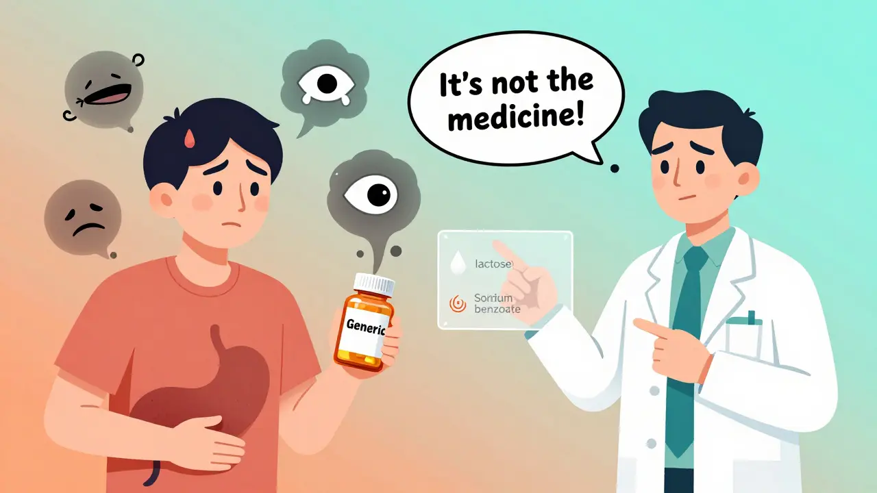 En pasient som tror generiske legemidler forårsaker bivirkninger, mens en apotekar viser at fyllstoffer som melke og konservansmidler er skyld.