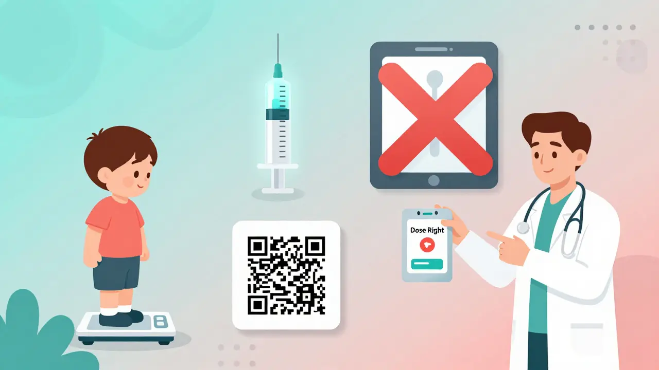 En pediatrisk klinikk med infografikk som viser vektbasert dosering, sprøyter, QR-koder og forbud mot teskje og tabletter.