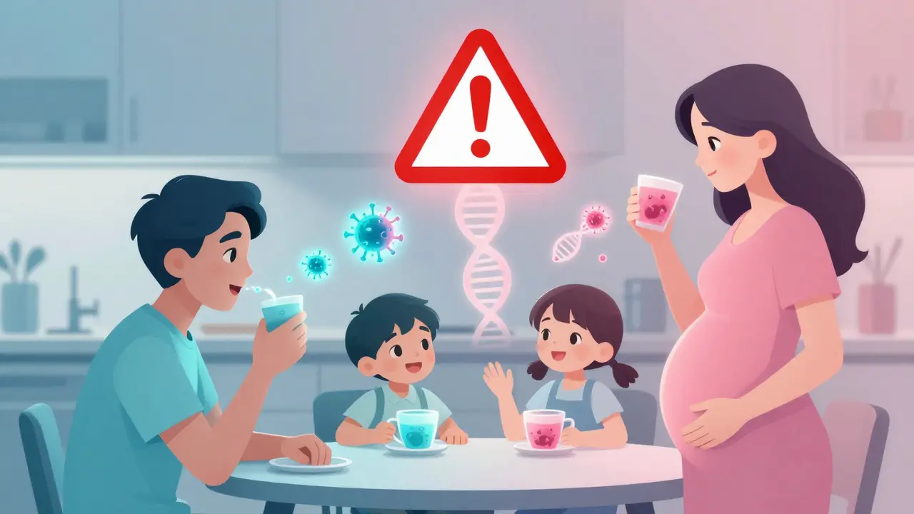 Familie som deler en kopp mens genbehandling overføres usett.