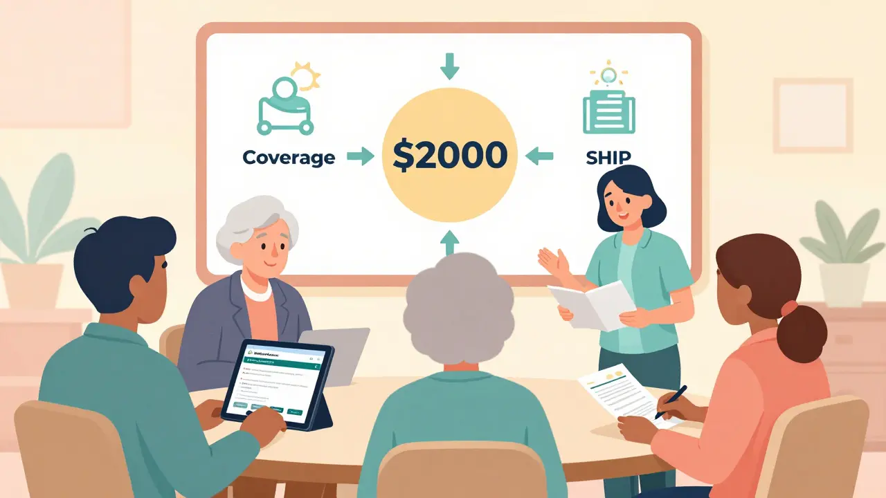 Flere eldre bruker Medicare Plan Finder i et felleskapssenter med hjelp fra en konsulent.