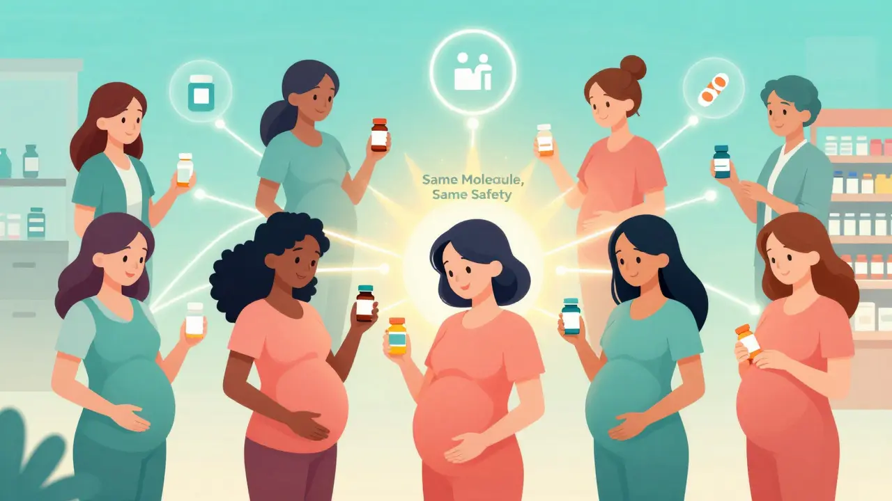 Flere gravide kvinner er forbundet gjennom en nettvirk av sikre generiske legemidler med like molekyler.