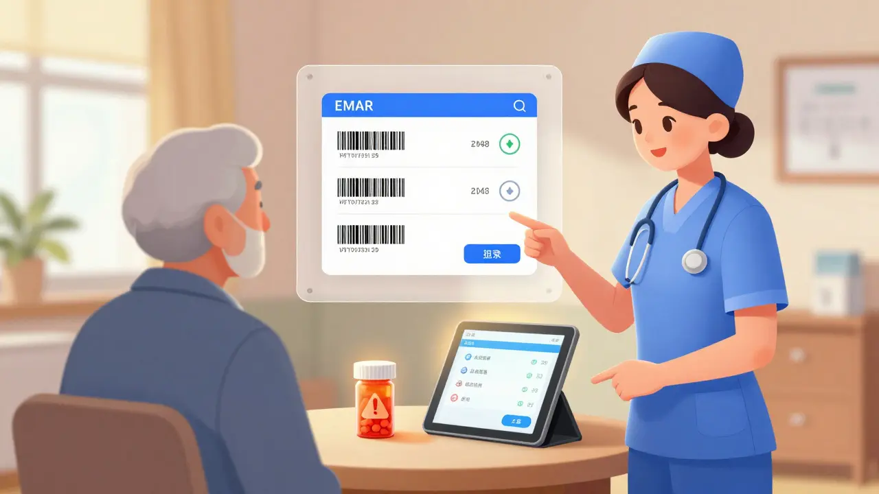 Omsorgsperson med digital systemvarsling om farlig medisinsk kombinasjon.