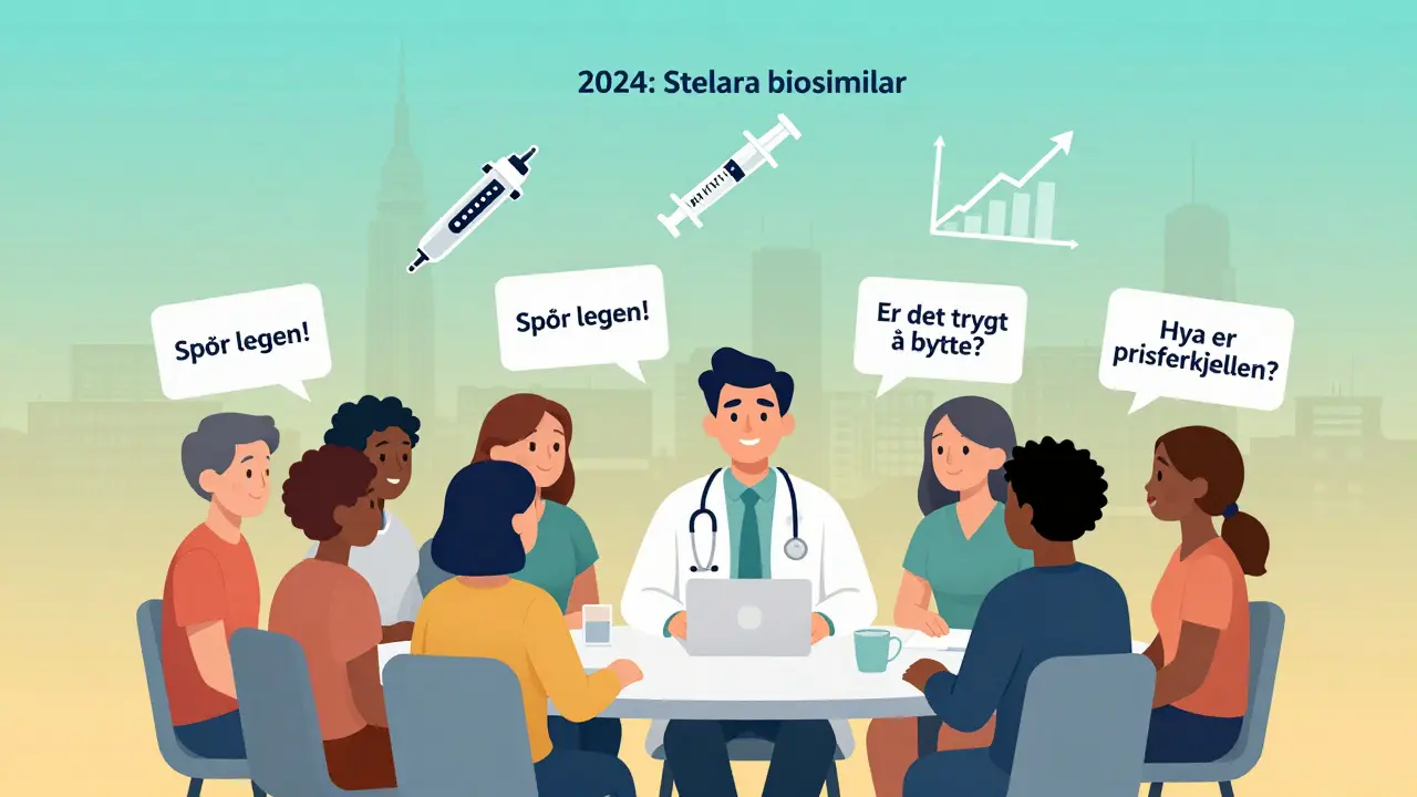 Pasienter og lege diskuterer behandlingsvalg med tegn som sier 'Spør legen!' og 'Er det trygt å bytte?'