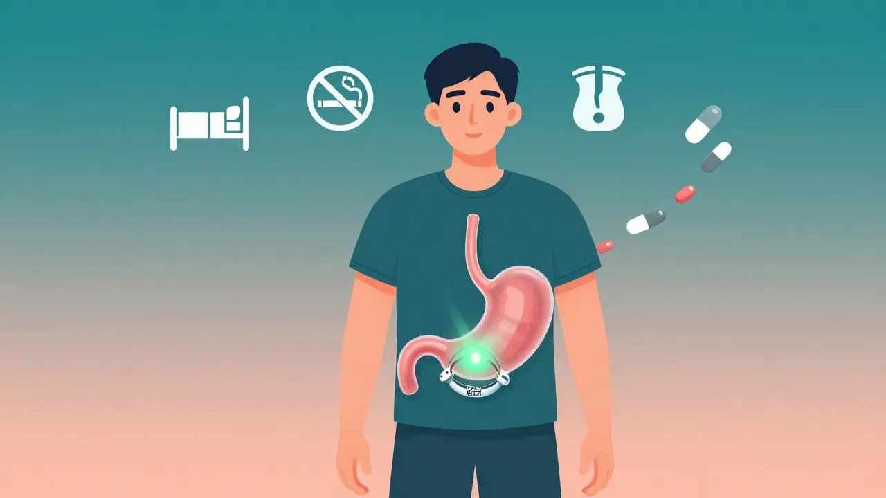 Person etter operasjon med LINX-ring rundt matrøret, grønn lysstråle viser helbredelse.