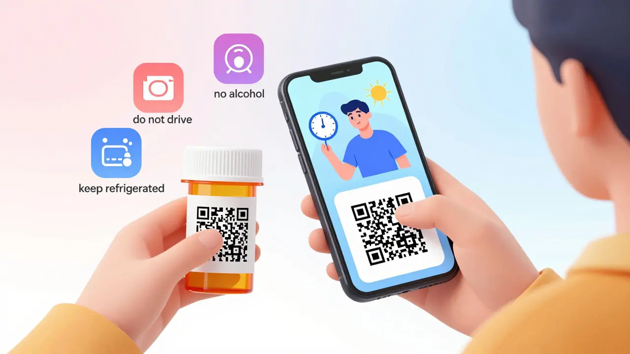Person skanner QR-kode på medisinflekk som viser en video med brukerveiledning.