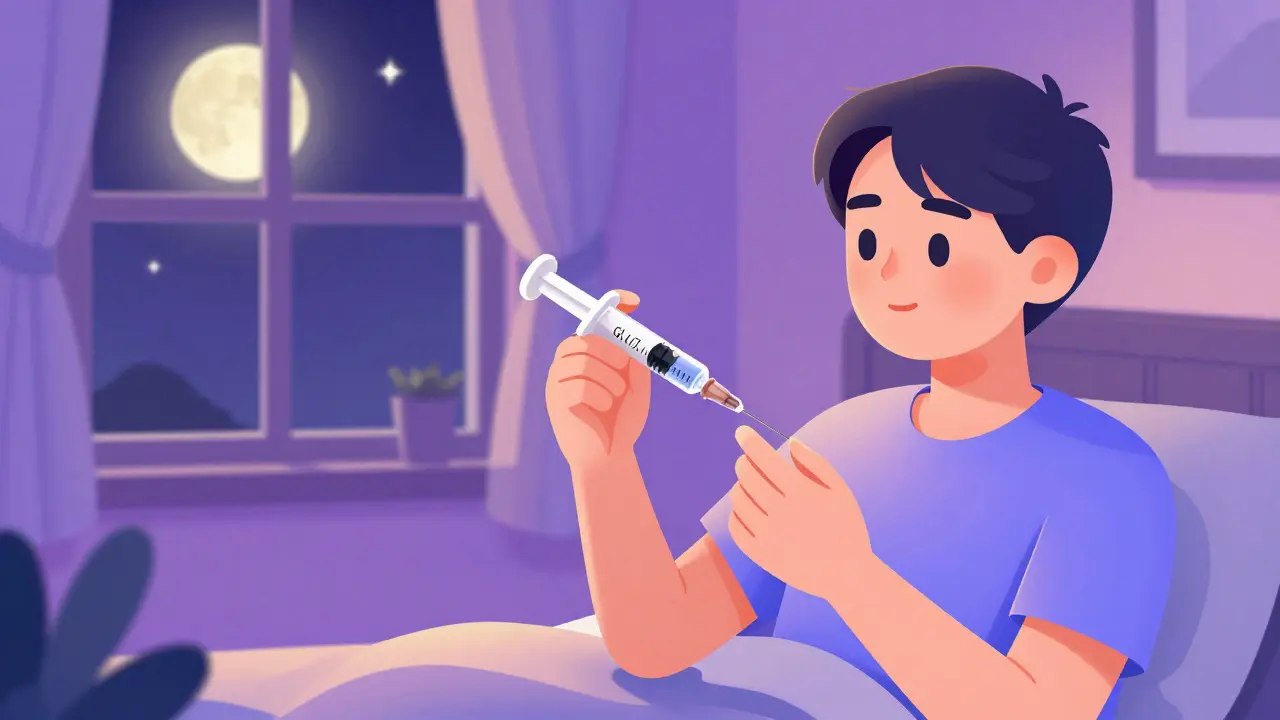 Person tar GLP-1-injeksjon før søvn i soverom med måne