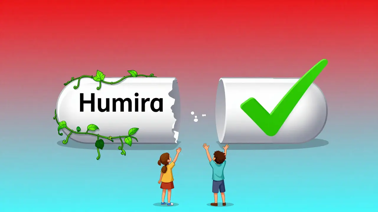 Pill splitting into branded and generic versions, showing patent overload versus simple access.
