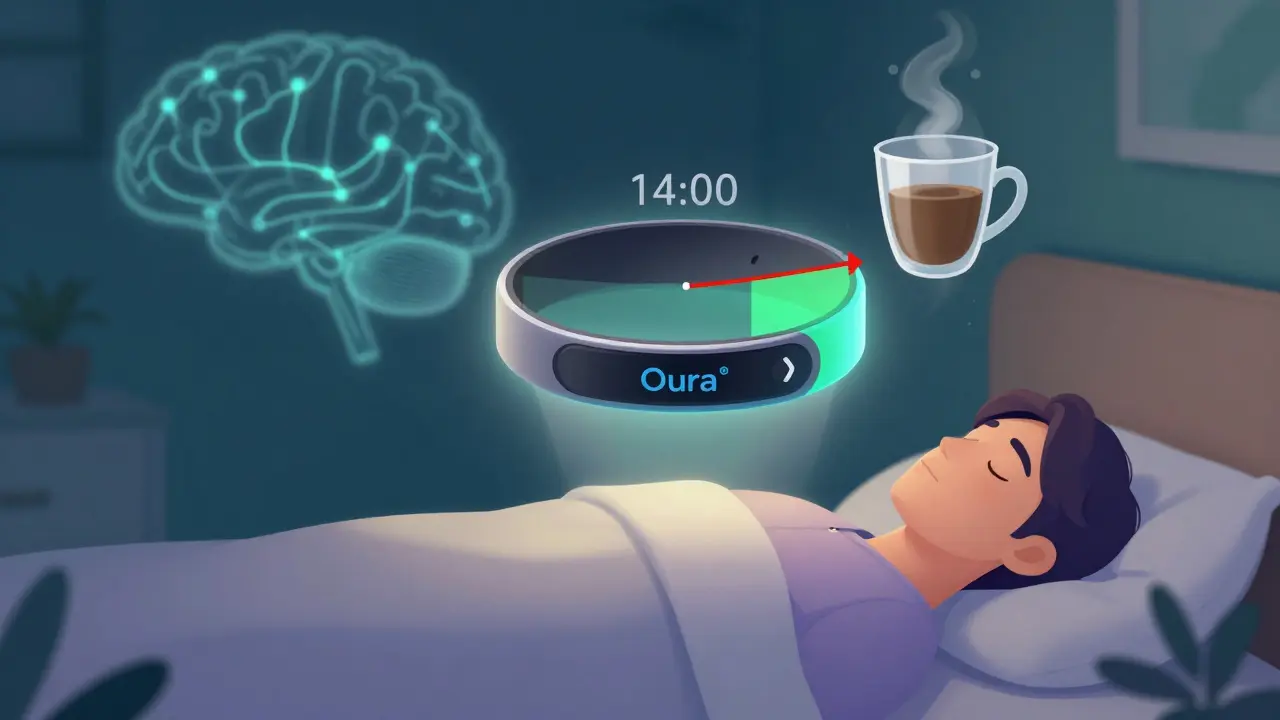 Søvntracker viser personlig koffein-slutttid på 14:00 mens en kopp kaffe forsvinner i mist.