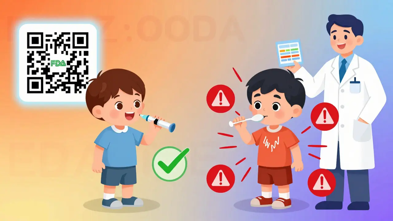 To barn: ett med riktig dose og sikkerhet, ett med farlig overdosering av Benadryl, med varseltegn og doseringskort i bakgrunnen.