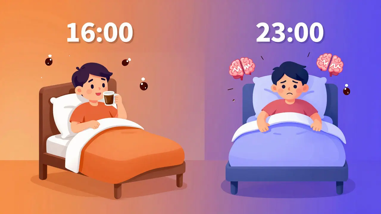 To scener: en person som drikker kaffe klokken 16:00 og samme person som ikke kan sove klokken 23:00.