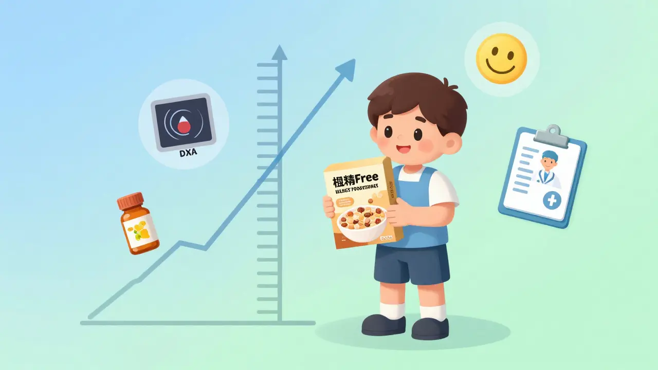 Barn ved vekstkurve med glutenfri mat og vitamin D-suppler, i en sunn og trygg miljø.