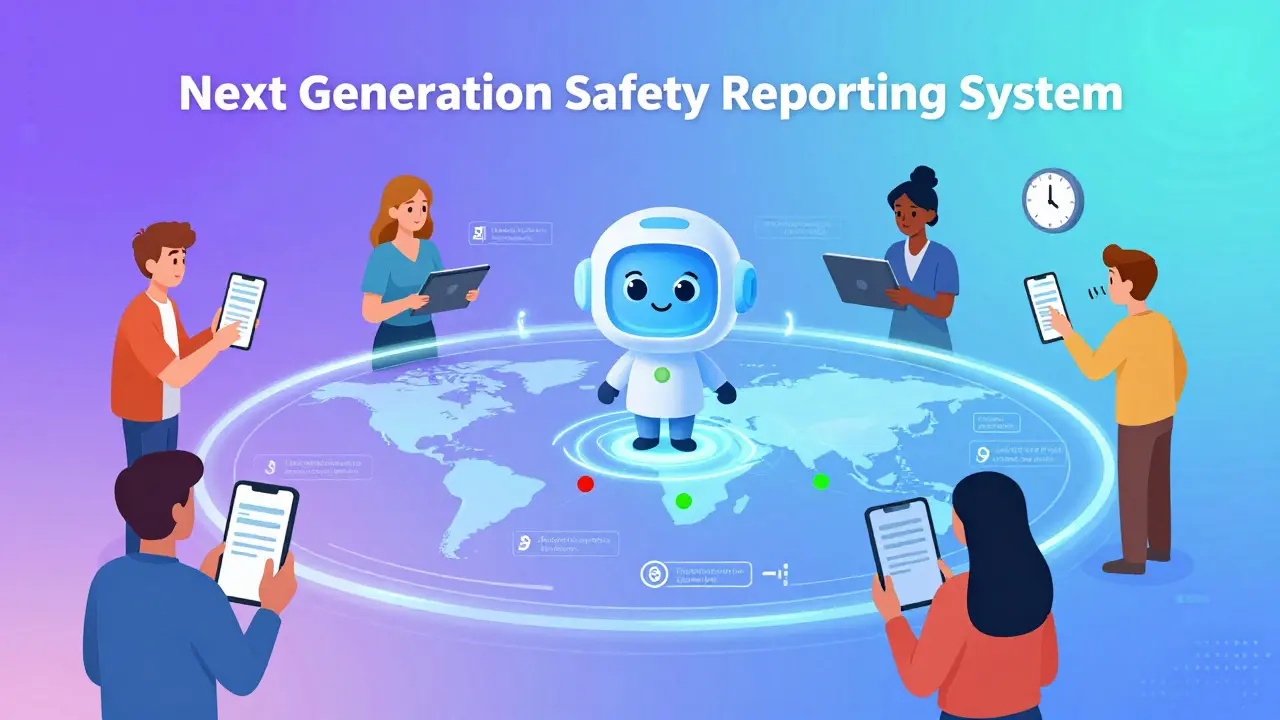 En AI-gylden dashboard viser globale rapporter som endrer farver fra rød til grønn, i en modern, gradient-stil.