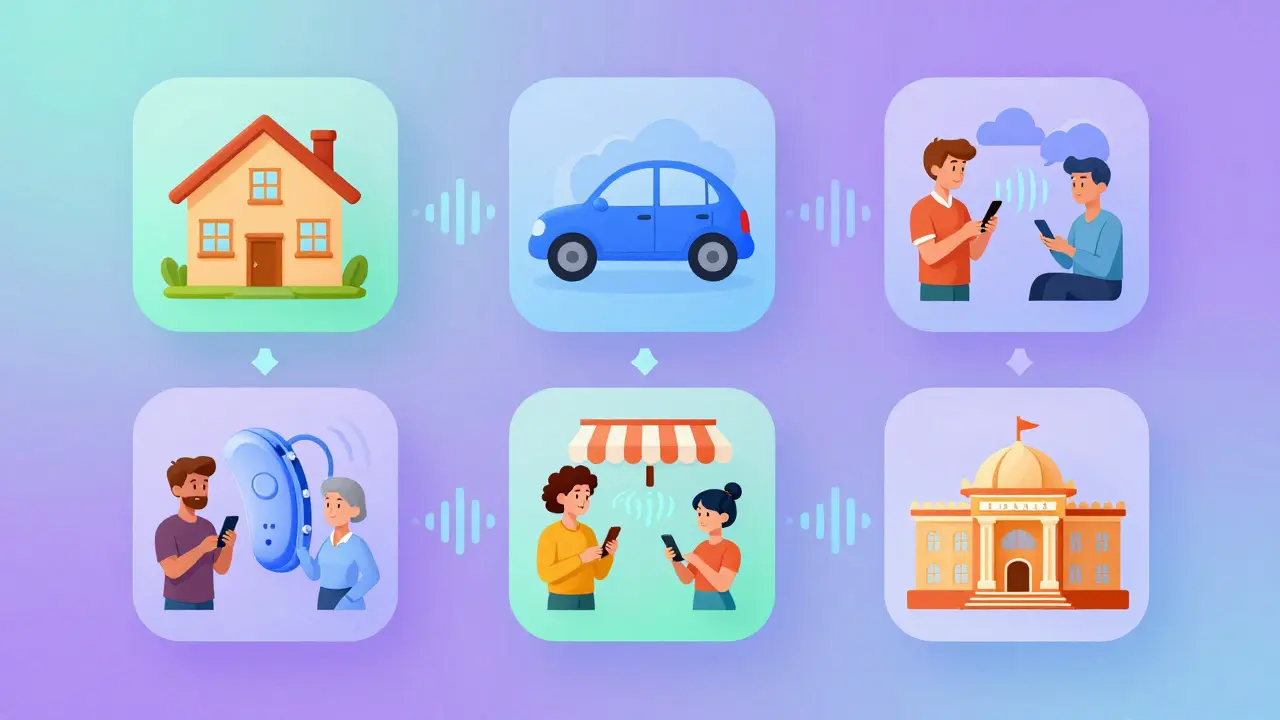 En app-visning av høreapparatets funksjoner i ulike miljøer som café, bil og hjemme.