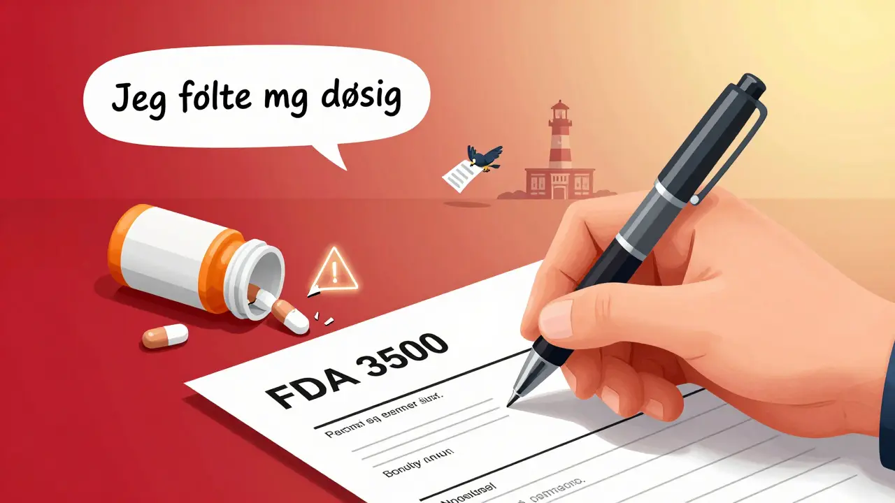 En hånd fyller ut en FDA-rapport med en penn, ved siden av en skadet insulin-penn og en tekst som sier 'Jeg følte meg døsig'.