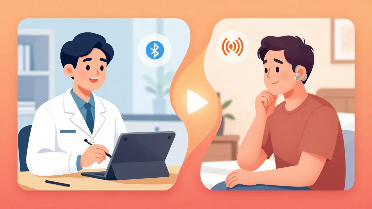 En hørselsfagperson og en pasient har en videooppkobling for å justere høreapparater.