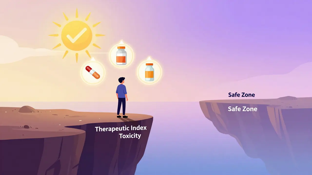 En person står på en kant med en dyp kløft under, symboliserer risikoen ved utløpte legemidler.