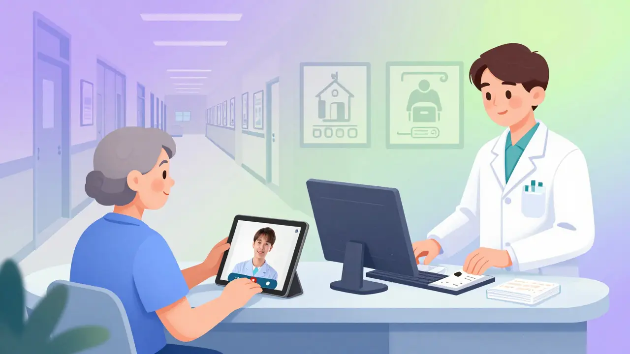 En sykepleier holder en videoavtale med en pasient i et lokal diagnostisk senter, med digitale resepter på skjermen.