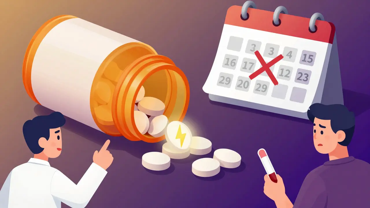 En utløpt medisinflaske med en pille som lyser med advarselssymbol, mens en farmasøyt peker på den.