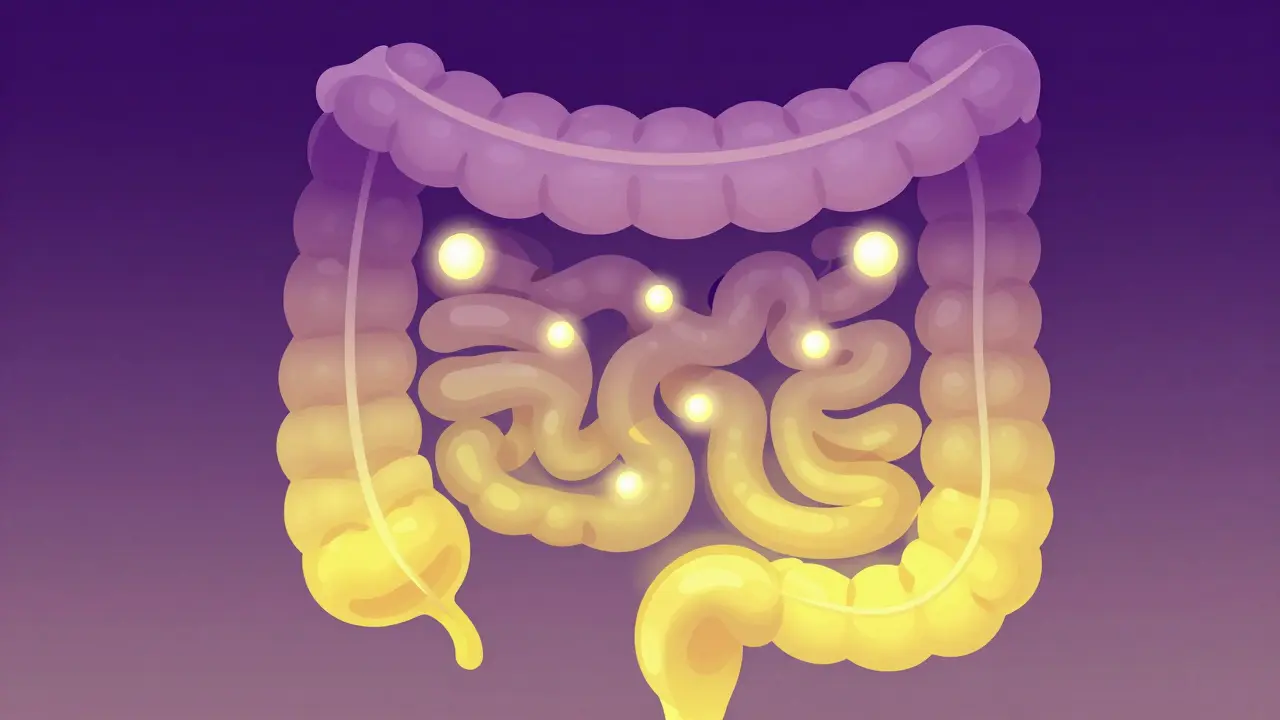Illustrasjon av tarm med blokkerte stoffer inne i kroppen.