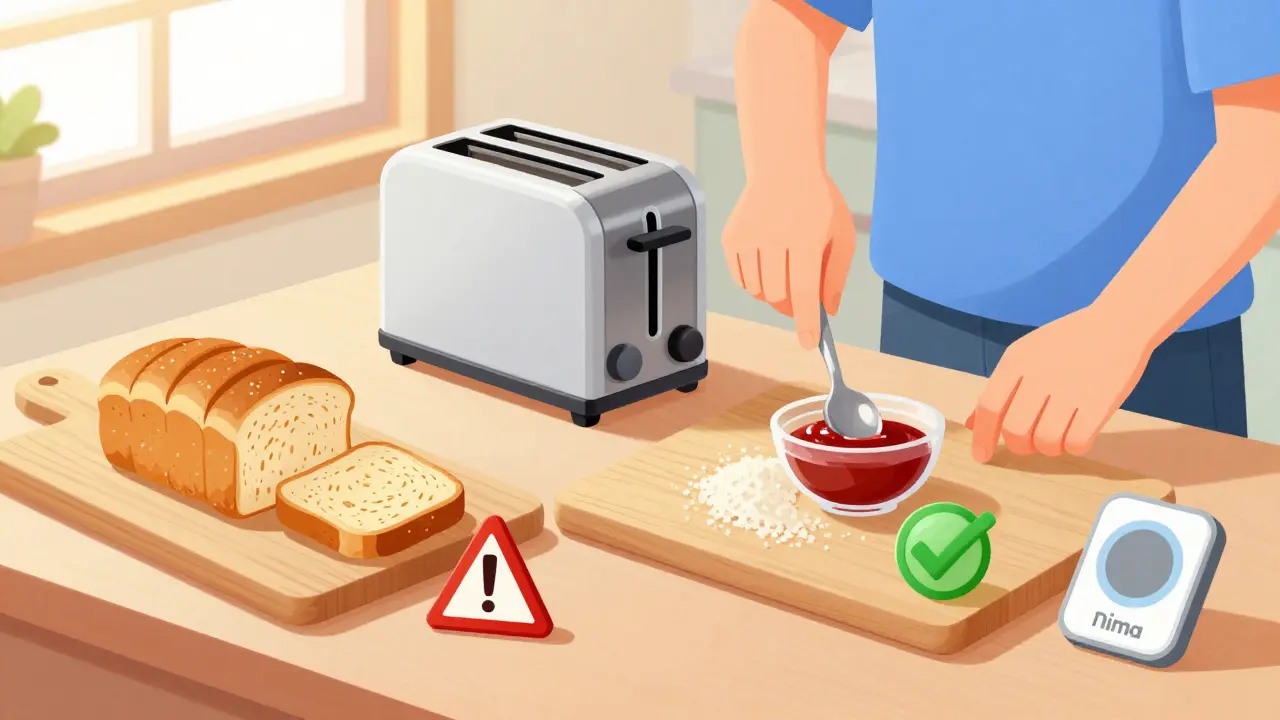 Kjøkken med separate skjærebrætter for glutenfri og glutenholdig mat, med en deteksjonsenhets app.