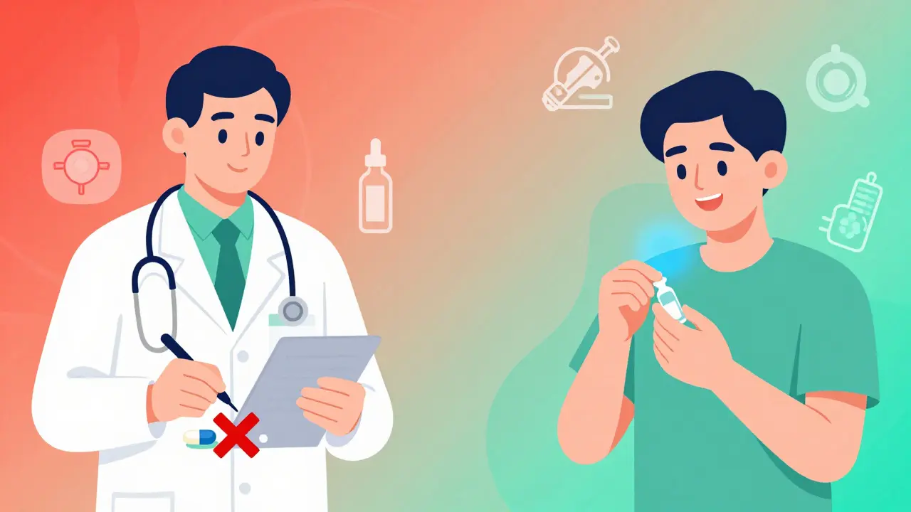 Legesjekk med rød X over farlig kombinasjon, mens trygge alternativer vises.