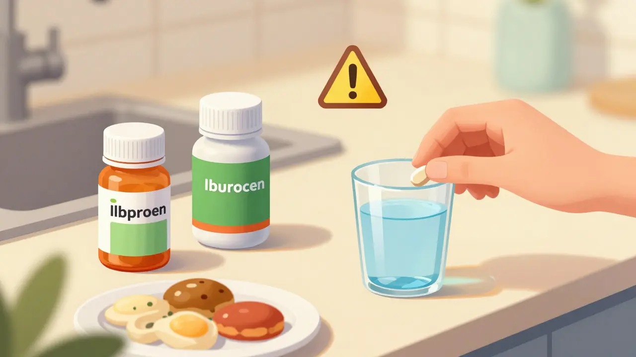 Medisinflasker på et bord med mat og en advarsel om kombinerte medisiner.