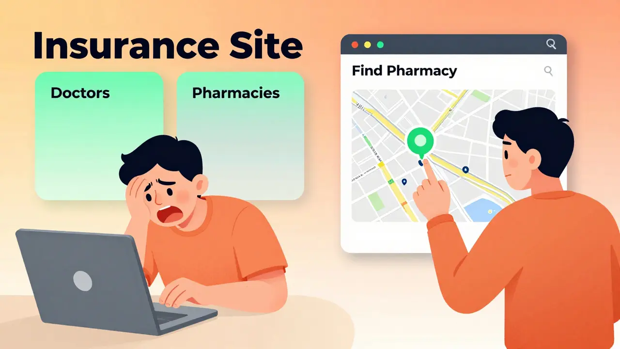 Person comparing two insurance directories on laptop — one for doctors, one for pharmacies.