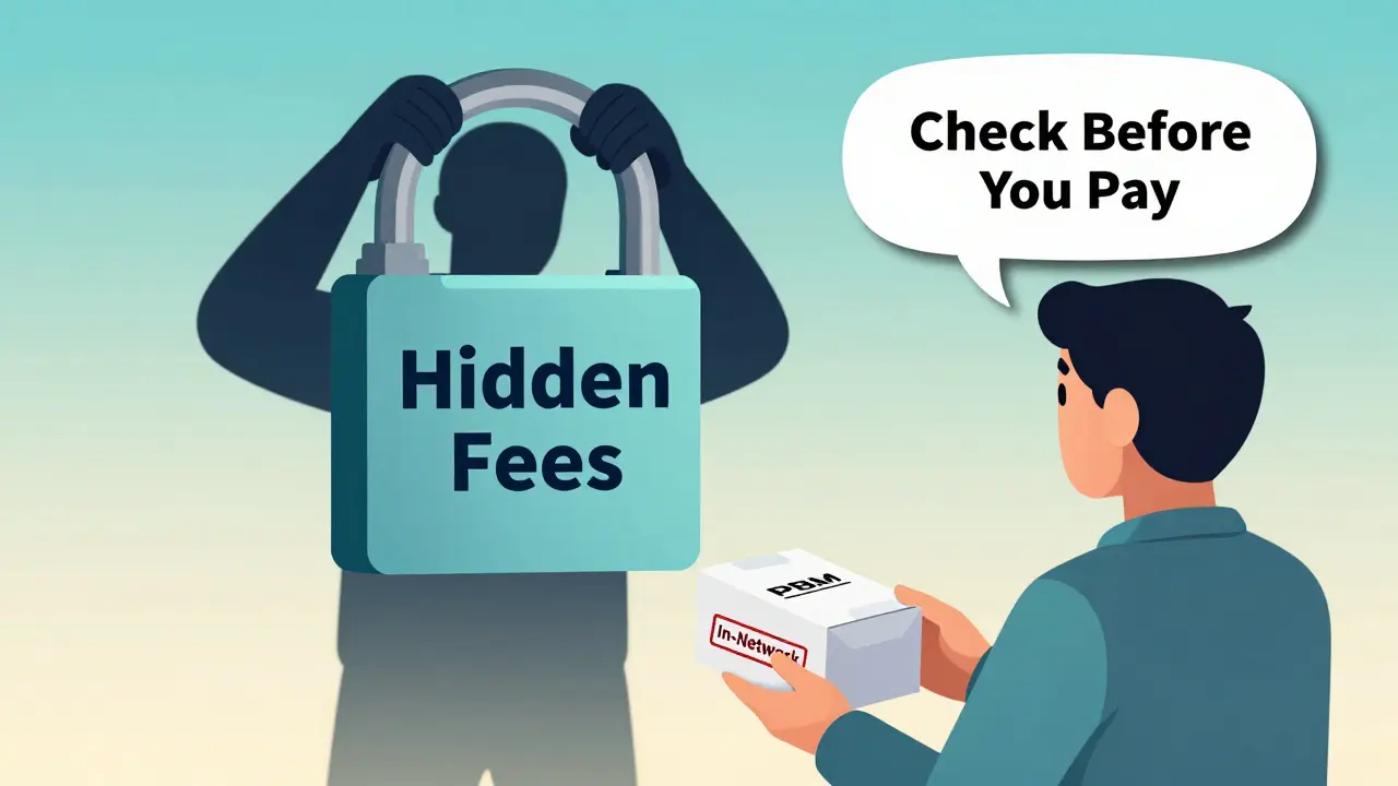 Person receiving home-delivered medicine with 'In-Network' stamp, while shadowy PBM figure looms nearby.