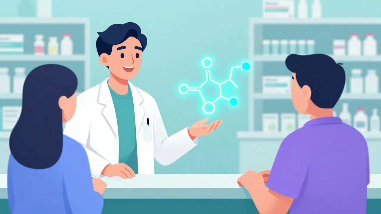 En farmasøyt som forklarer at aktive ingredienser i ulike medisiner er identiske.