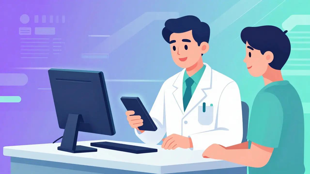 Farmasøyt bruker teknologi for rask og god pasienthjelp.