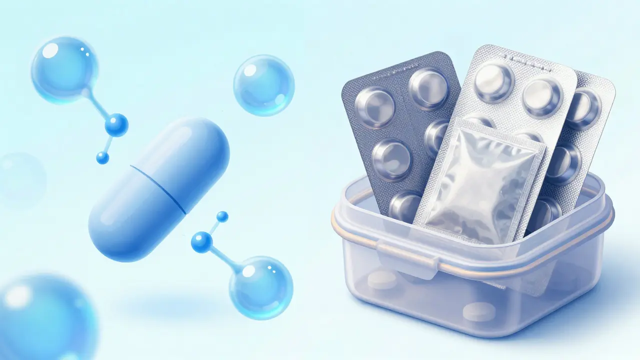 Illustrasjon av hydrolyse og beskyttelse med silikagel og blisterpakning