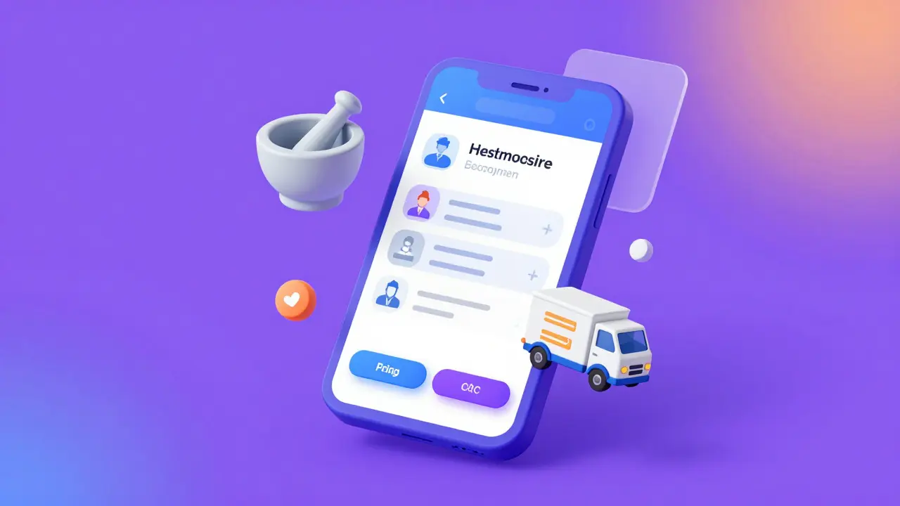 Illustrasjon av smarttelefon med apotek- og leveringsikoner i fargerike gradienter